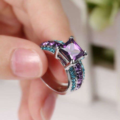 Princess Cut Amethyst 10KT White Gold Filled Ring Size 8