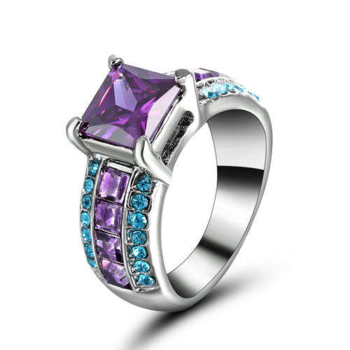 Princess Cut Amethyst 10KT White Gold Filled Ring Size 8