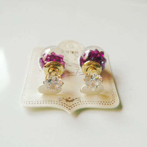 Beautiful Purple Ball Earrings With Simulated Diamonds