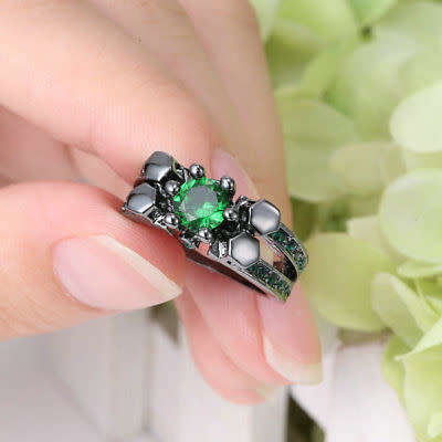 Bewitching 10KT Black Gold Filled Ring With Simulated Emeralds Size 6 US