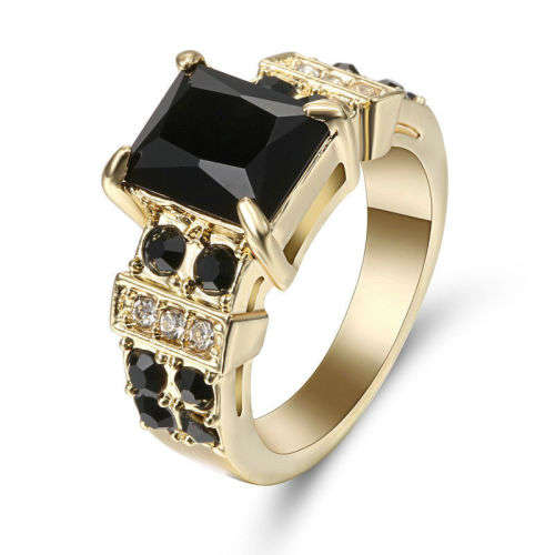 Mystic 10KT Yellow Gold Filled Ring With 4 Simulated Diamonds And 13 Black Onyx Size 6 US