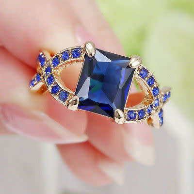 DAZZLING!! Yellow Gold Filled Ring With Blue Sapphire Size 7 US