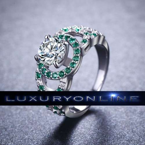 BEUATIFUL! Solid Sterling Silver Ring With Simulated Green Diamonds Size 6; 7; 8 US
