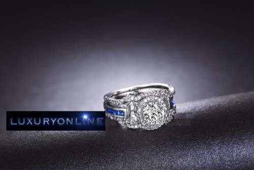 MARVELOUS! Ring Set With 10 Simulated Sapphires And Simulated Diamonds Size 6 US