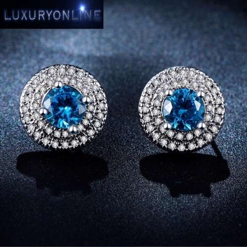 White Gold Filled Simulated Diamond And Simulated Aquamarine Button Earrings