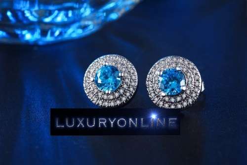 White Gold Filled Simulated Diamond And Simulated Aquamarine Button Earrings