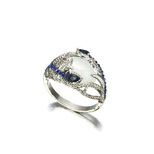 EXQUISITE! Moonstone With Simulated Sapphires And Earring Set Size 6 US