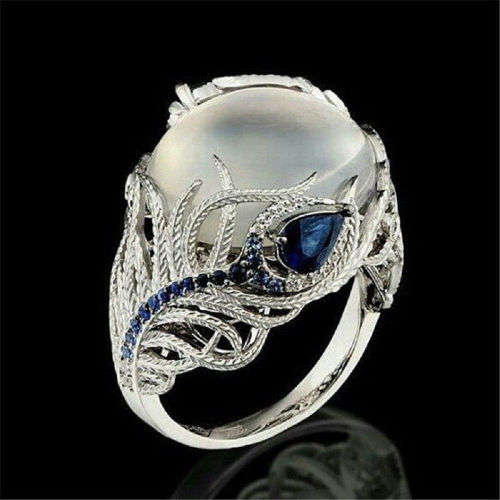 EXQUISITE! Moonstone With Simulated Sapphires And Earring Set Size 6 US