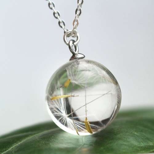 Solid 925 Sterling Silver Snake Chain Necklace With Dandelion Crystal Ball Pendant