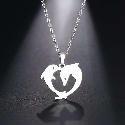 Titanium Dolphin Heart Shaped Necklace Silver