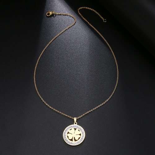 Titanium "Lucky 4-Leaf Clover" Necklace With Simulated Diamonds 45 cm