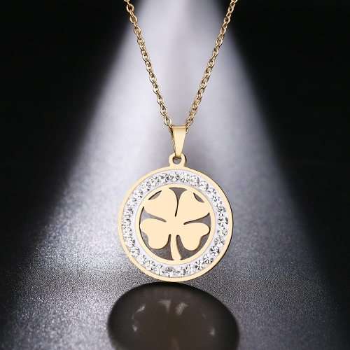 Titanium "Lucky 4-Leaf Clover" Necklace With Simulated Diamonds 45 cm