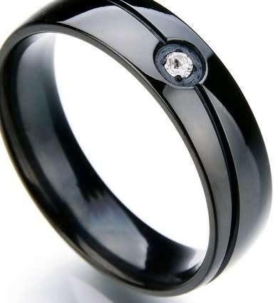 Titanium Ring With Simulated Diamonds Size 9; 10 US *R 899* (SILVER/BLACK)