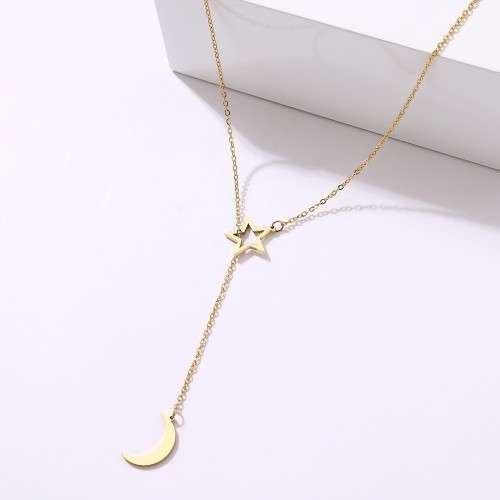 TITANIUM (NEVER FADE) "Moon & Star" Necklace 60 cm  (SILVER ONLY)