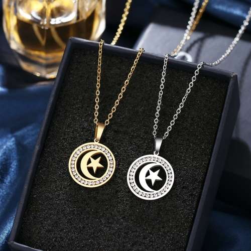 TITANIUM (NEVER FADE) ` Moon & Star` Necklace 45 cm  (SILVER ONLY)