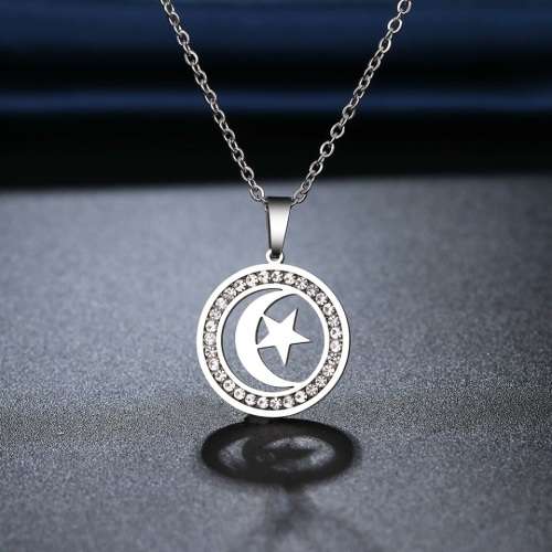 TITANIUM (NEVER FADE) ` Moon & Star` Necklace 45 cm  (SILVER ONLY)