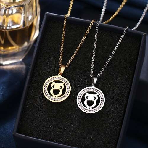 TITANIUM (NEVER FADE) OWL Necklace with Simulated Diamonds 45 cm (SILVER ONLY)
