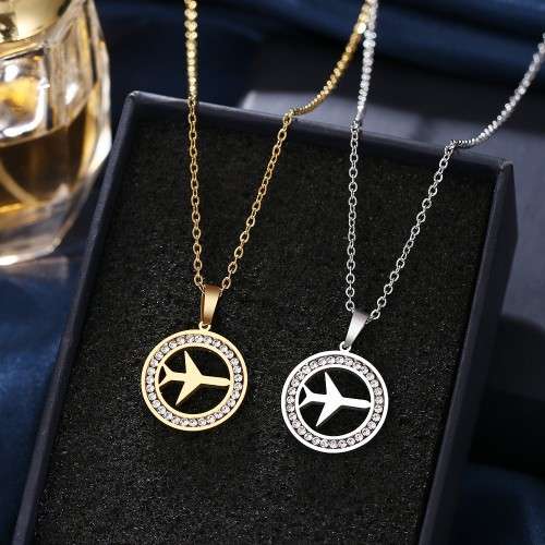 TITANIUM (NEVER FADE) "PLANE" Necklace with Simulated Diamonds 45 cm (SILVER ONLY)