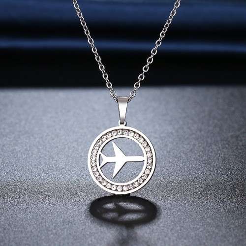 TITANIUM (NEVER FADE) "PLANE" Necklace with Simulated Diamonds 45 cm (SILVER ONLY)