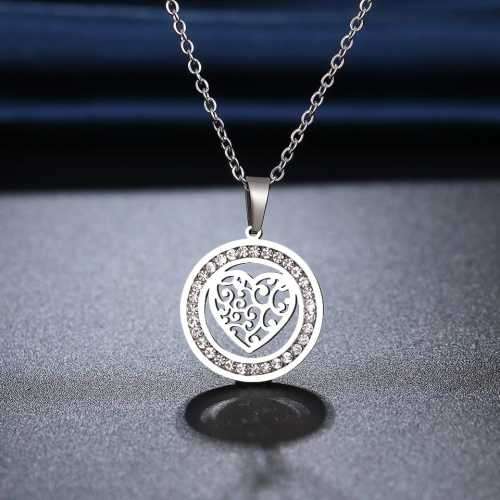 TITANIUM (NEVER FADE) PATTERN HEART Necklace with Simulated Diamonds 45 cm (SILVER ONLY)