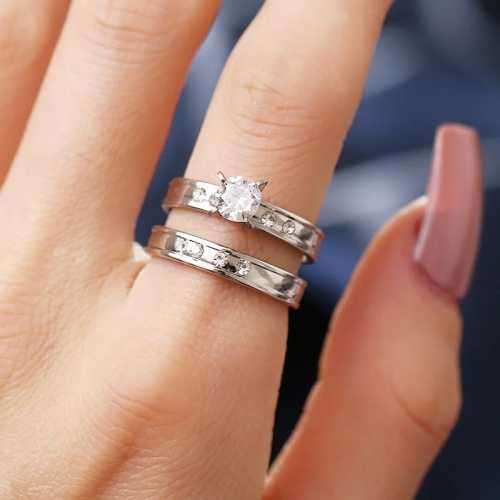 TITANIUM (NEVER FADE) DOUBLE SET Ring with Simulated Diamonds SIZE 10 US (SILVER ONLY)