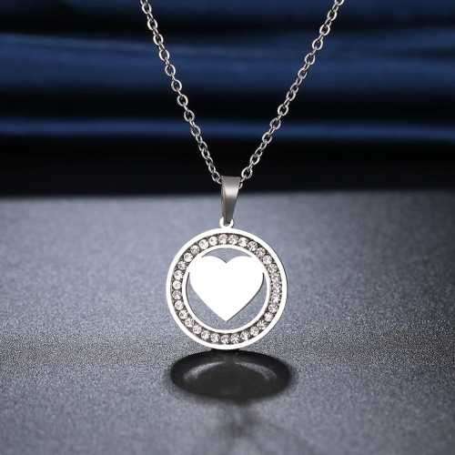 TITANIUM (NEVER FADE) "SOLID HEART" Necklace with Simulated Diamonds 45 cm (SILVER ONLY)