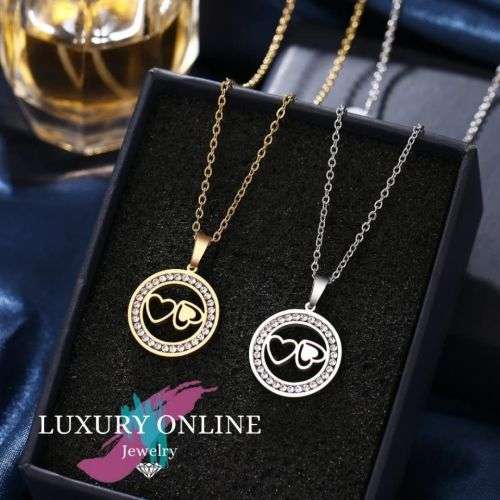 TITANIUM (NEVER FADE) DOUBLE HEARTS Necklace with Simulated Diamonds 45cm (SILVER ONLY)
