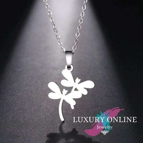 TITANIUM (NEVER FADE) DOUBLE DRAGONFLY Necklace 45cm (SILVER ONLY)
