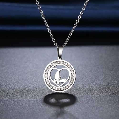 TITANIUM (NEVER FADE) "BUTTERFLY IN HEART" Necklace with Simulated Diamonds 45cm (SILVER ONLY)