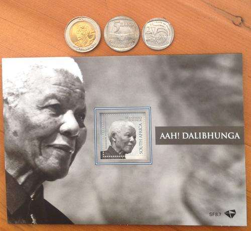 ### Mandela 2013 stamp folder + 3 Mandela coins: 2008 (UNC) R5, 1994 R5, 2004 R2 ###
