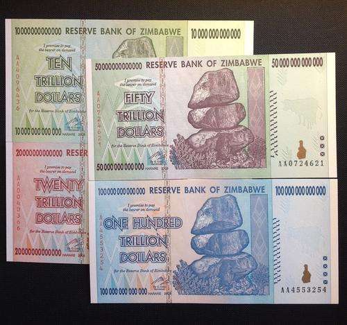 2008 AA Prefix Complete UNC Set of $TRILLION Zimbabwe banknotes ($100, $50, $20 & $10 Trillion)