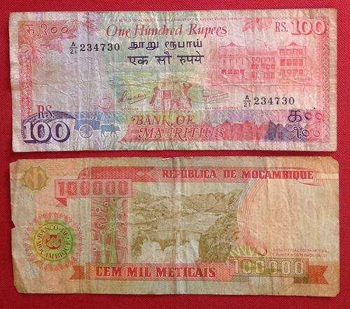 Mauritious & Mocambique banknotes  - 2 Used banknotes from Africa