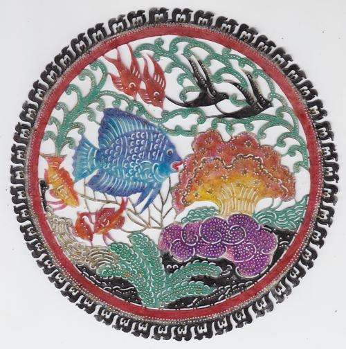 EXQUISITE Thai hand tooled and painted leather depiction of undersea scene