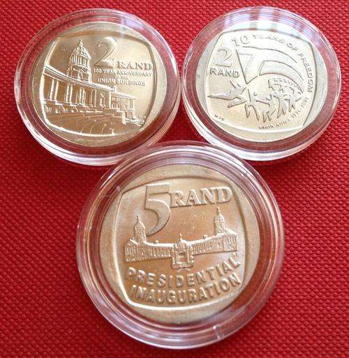 TASTY 3 COMMEMORATIVE COINS IN CAPSULES (Freedom R2, Union Buildings R2, Inauguration R5)