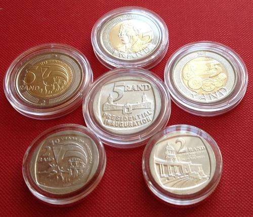SUPER 6 COMMEMORATIVE COINS IN CAPSULES (Mandela, SARB, Freedom, Union Buildings, Inauguration)
