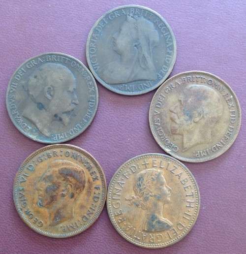 5 PENNIES - 5 BRITISH MONARCHS (Victoria, Edward VII, George V, George VII, Elizabeth II) from 1901