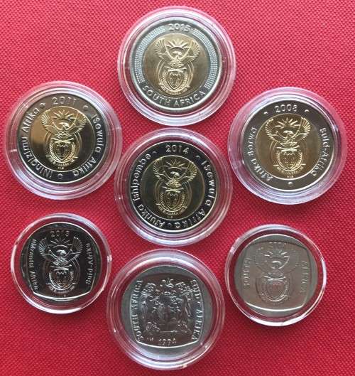 SUPER SEVEN UNC COMMEMORATIVE COINS IN CAPSULES (Griqua, Democracy, Mandela, SARB etc.)