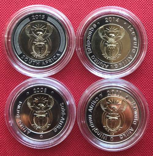 FANTASTIC FULL SET OF UNC BIMETAL R5 COMMEMORATIVE COINS IN CAPSULES (Griqua Democracy Mandela SARB)