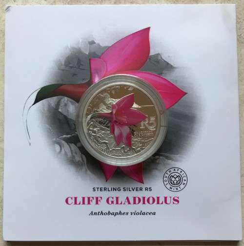 Lovely low mintage Colourised SA Mint Proof 2016 Silver R5 - Cliff Gladiolus
