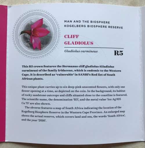 Lovely low mintage Colourised SA Mint Proof 2016 Silver R5 - Cliff Gladiolus