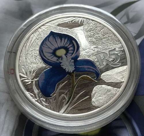 Lovely low mintage Colourised SA Mint Proof 2016 Silver R5 - Blue Bearded Disa