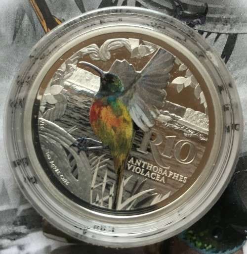 Lovely low mintage Colourised SA Mint Proof 2016 Silver R10 - Orange-breasted Sunbird