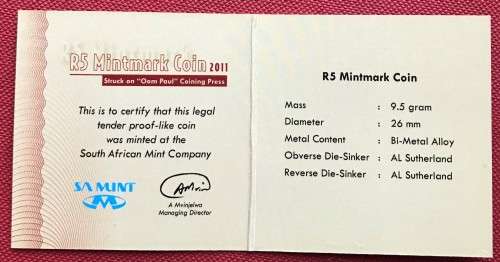 2011 Proof "Oom Paul" Mintmark Five rand