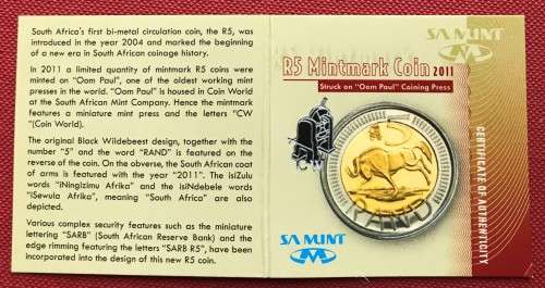 2011 Proof "Oom Paul" Mintmark Five rand