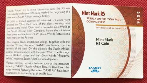 2016 Proof "Oom Paul" Mintmark Five rand