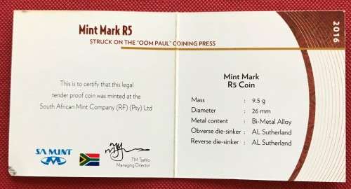 2016 Proof "Oom Paul" Mintmark Five rand