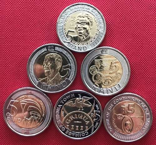 STUNNING SIX uncirculated bi-metal R5 coins (2008, 2011, 2014, 2015, 2017 & 2018 Mandela) in ziplock