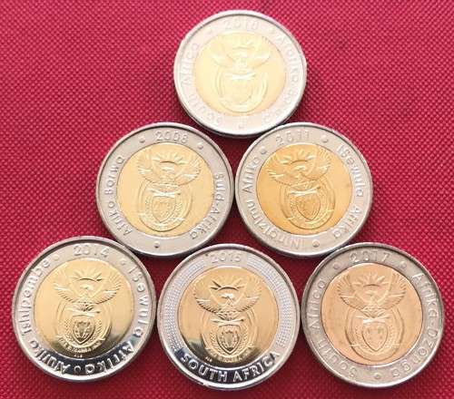 STUNNING SIX uncirculated bi-metal R5 coins (2008, 2011, 2014, 2015, 2017 & 2018 Mandela) in ziplock