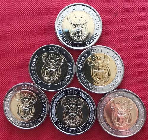 STUNNING SIX uncirculated bi-metal R5 coins (2008, 2011, 2014, 2015, 2017 & 2018 Mandela) in ziplock