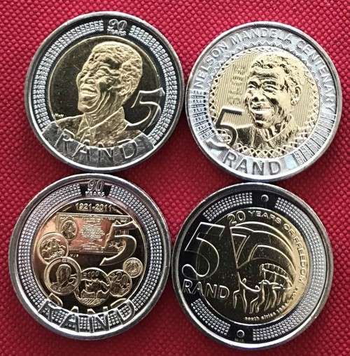 FAB FOUR uncirculated bi-metal R5 Mandela coins in ziplock bags (2008, 2011, 2014 & 2018)